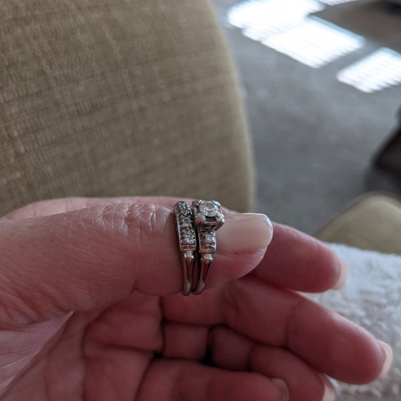 Vintage Wedding Band Set with Diamond Center Stone/ White Gold/ SOLD - Picture 3 of 7